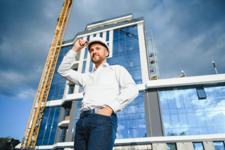 A construction worker control in the construction of roof structures on construction site and sunset background